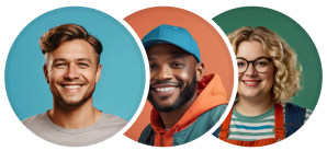 A group of 3 designers individually presented in circles like an avatar; two men and a woman, smiling at the camera. 
